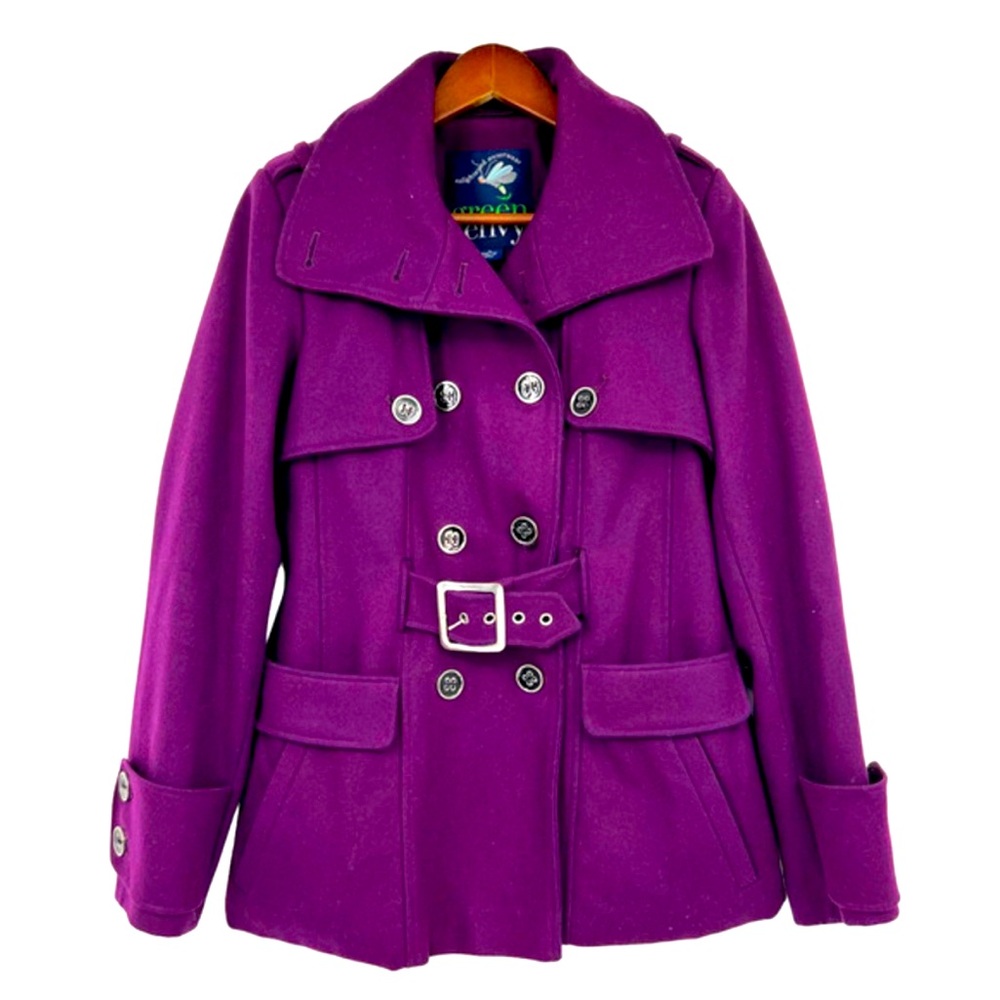 Green with Envy dark purple eggplant belted wool blend peacoat size Small